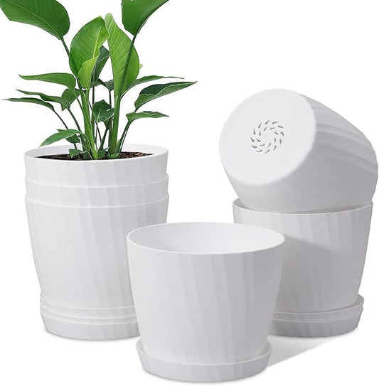 7 Inch Plant Pots Bulk, 6 Pack Plastic Planters with Drainage Holes and Saucers for Indoor Outdoor House Plants and Flowers, White