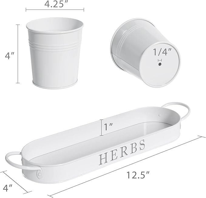 Barnyard Designs Indoor Herb Garden Planter Set with Tray, Metal Windowsill Plant Pots with Drainage for Outdoor or Indoor Plants, Set/3 (White)