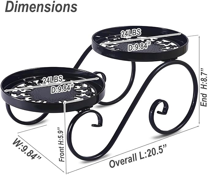 2 Tier Black Plant Stand, Metal Flower Stand Indoor Outdoor, Anti-Rust Iron Plant Shelf, Round Flower Pot Stands for Multiple Plants, Display Rack Potted Plant Holders for Garden Home Decor