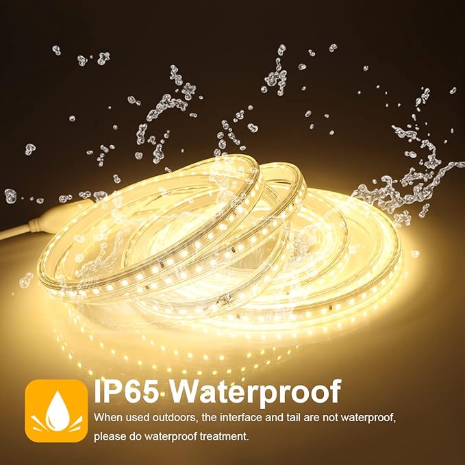 Outdoor LED Strip Lights,AC110V 65.6FT/20M LED Light Strip,IP65 Waterproof 3500K Flexible LED Rope Lights for Patio Backyard Garden Kitchen Lighting(65.6FT, Warm White)