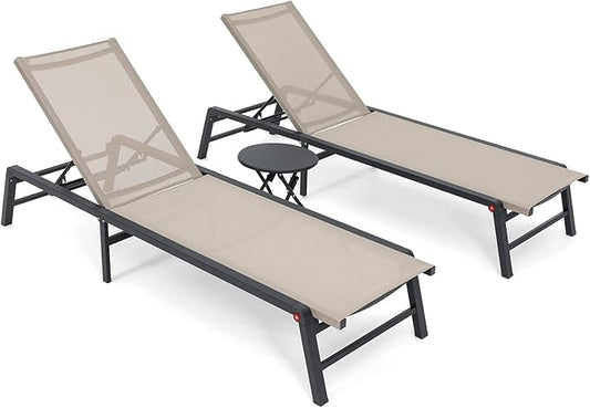 Aluminum Chaise Lounge Chair Outdoor, Foldable Patio Lounge Chair 2 Sets with Table Assemble-Free, Pool Lounge Chairs with 5 Adjustable Backrest, Outdoor Lounge Chairs for Outside Poolside Beige