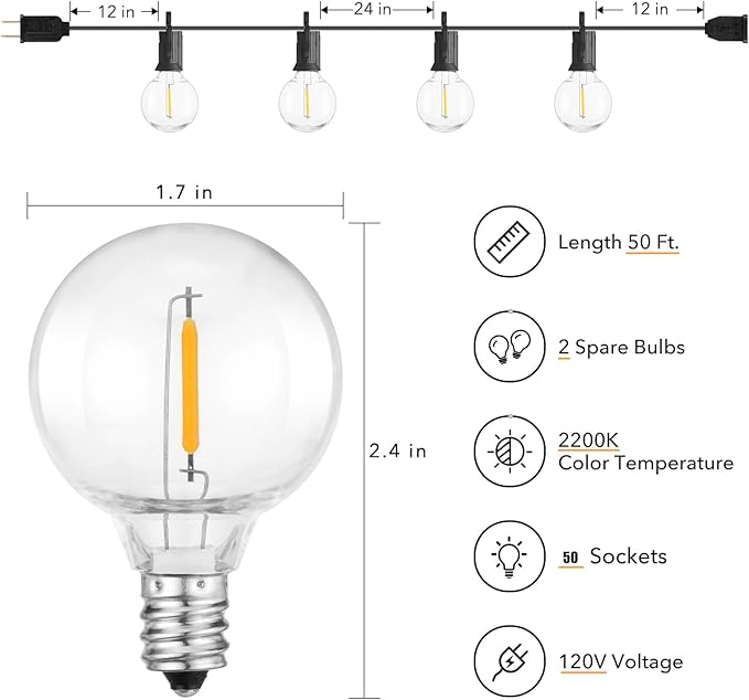 Outdoor String Lights – 50ft Connectable Patio Lights with 52 G40 LED Plastic Bulbs (2 Spare) Outside Vintage Hanging Lights for Backyard Bistro Balcony Porch Party Wedding, E12, 2200K, Black