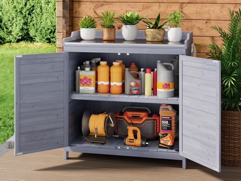 Gizoon Outdoor Potting Bench with Metal Tabletop, Outdoor Garden Patio Wooden Storage Cabinet with Adjustable Shelf, Double Doors Garden Work Bench for Backyard, Patio, Lawn - Grey
