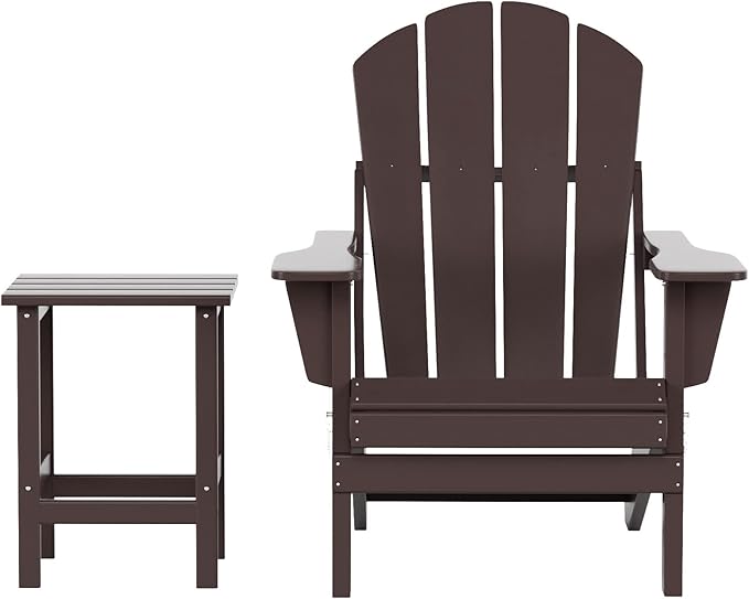 WO Home Furniture Adirondack Chair Table Set of 2 PCS Outdoor Folding Chair w Side Table Weather/UV Resistant for Lawn, Garden, Bon Fire, Balcony (Dark Brown)