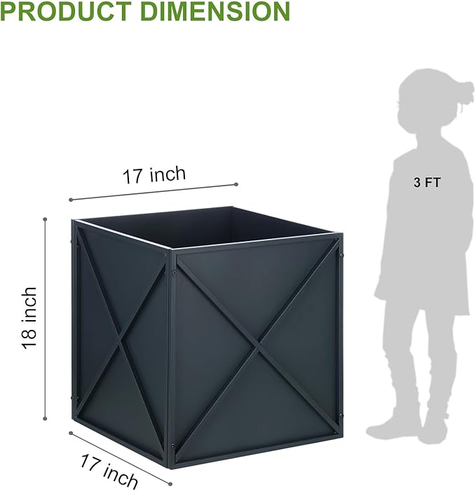 BAYN Metal Square Planter Box Tall Planters for Outdoor Plants Modern Heavy Duty with Drainage Holes for Outside Indoor Patio Deck - Grey, 17”x 17”x 18”