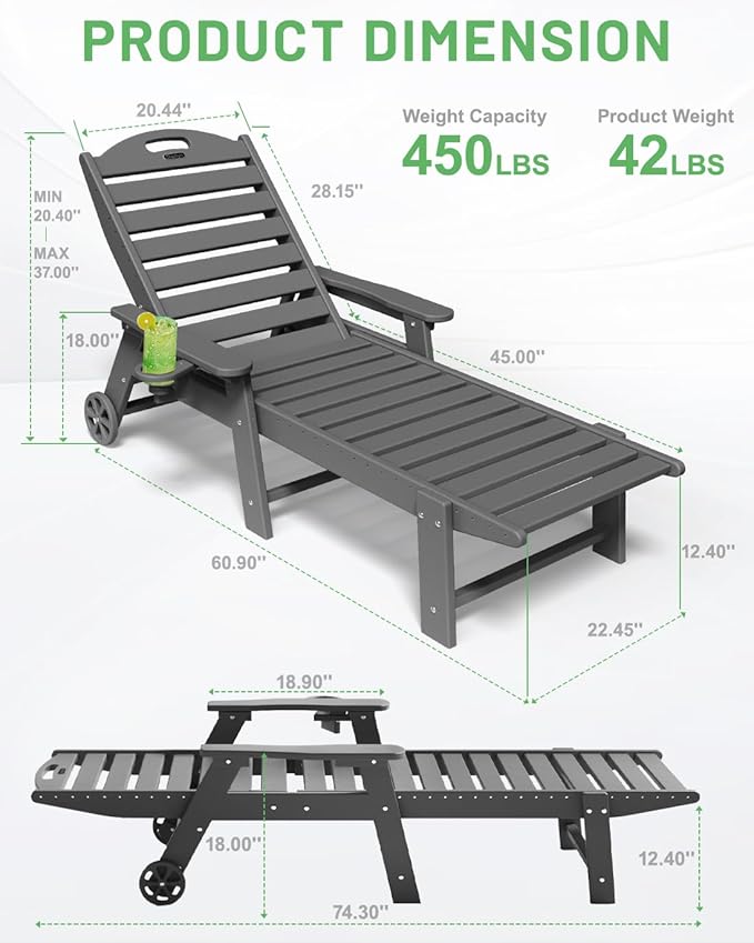 Lounge Chair Outdoor, Chaise Lounge Chair Outdoor, HDPE 6-Position Lounge Chair for Outside, Patio Lounge Chair with Wheels & Cup Holder for Pool Poolside Deck Backyard, Grey
