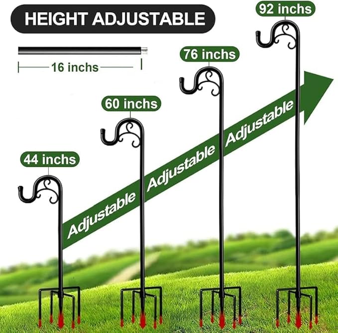 Shepherds Hook for Bird Feeders for Outside, 92 Inch Adjustable Shepards Hooks for Outdoor (2pcs), Heavy Duty Humming Bird Stand Feeder Pole, Metal Garden Hooks Hanger for Outdoor Décor