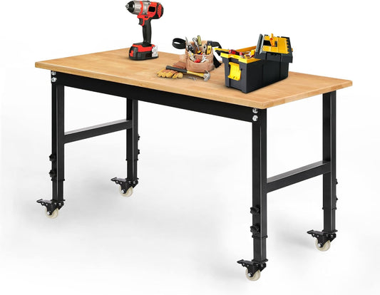 48" Heavy-Duty Adjustable Workbench for Garage, Rubber Wood Shop Table W/Metal Wheels, Hardwood Workstation Weight Capacity Over 2000 Lbs with Wheels