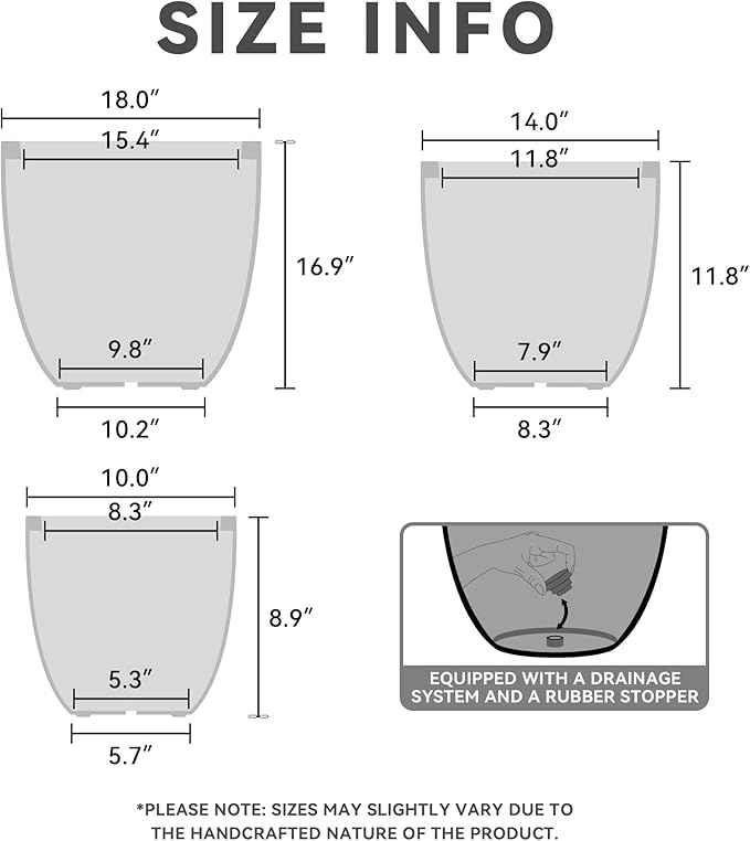 Kante 18 Inch Dia Round Concrete Planter, Indoor Outdoor Large Plant Pot with Drainage Hole and Rubber Plug for Home Patio Garden, Gray Concrete