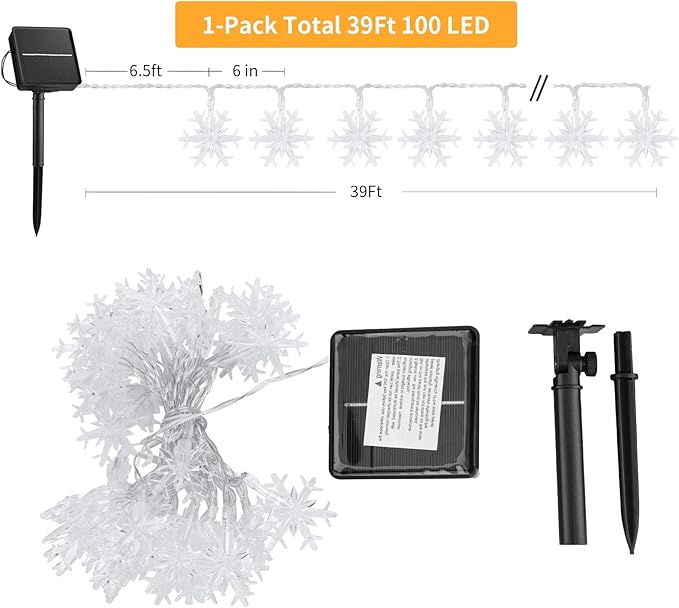 Brightown Solar Christmas Snowflake String Lights 100 LED 39 FT Outdoor Waterproof Fairy Lights with 8 Lighting Modes for Wedding, Party, Tree, Room, Garden, Patio, Yard, Home, Warm White