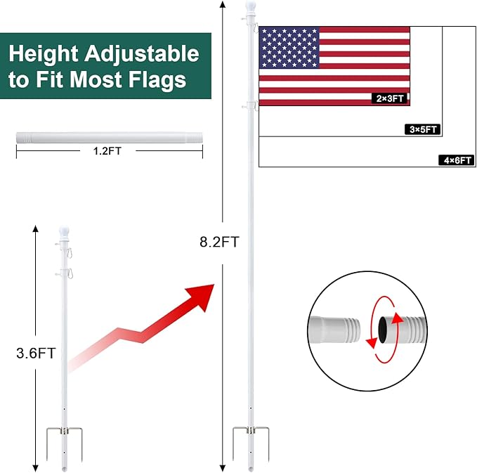 2 Pack Ground Flag Pole for Outside House - 8.5 FT Tangle Free Heavy Duty Flag Pole Kit with Windproof Stand,Outdoor Inground Flag Holder for Yard Garden, Includes Bonus 3x5 American Flag, White