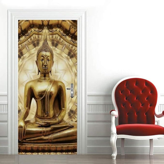 3D Buddha Statue Door Stickers - Peel and Stick Murals, Self-Adhesive Wallpaper Decals, Removable PVC Waterproof Poster for Bedroom Living Room 34.6" x 78.7"