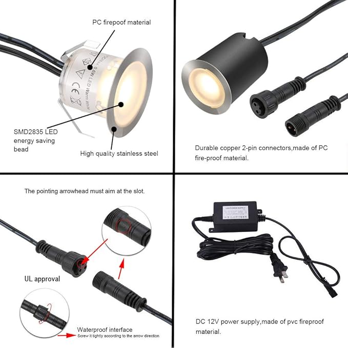 SMY Lighting Recessed LED Deck Light Kits with Protecting Shell φ32mm, In Ground Outdoor LED Landscape Lighting IP67 Waterproof,12V Low Voltage for Garden,Yard Stair,Patio,Floor,Kitchen Decoration