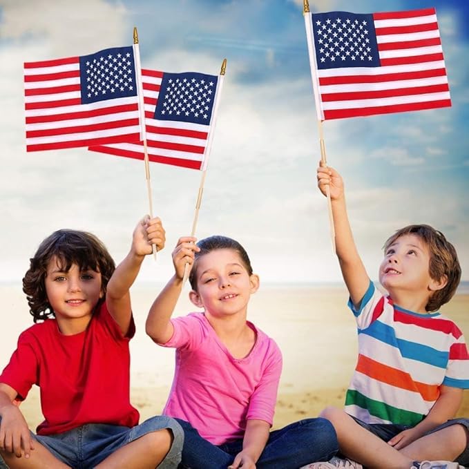 Pack of 100 American Flags with wood Stick, 12x18 Inch American Flags for outside, US Flags/American Hand Held Stick Flags with Kid-Safe Spear Top, Perfect for Patriotic Decorations, Parades, Veteran Party,4th of July decorations