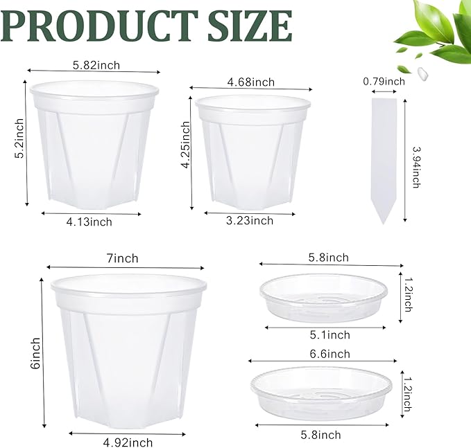 30Pcs Clear Nursery Pots with Drainage and Tray 5/6/7 Inch Plastic Clear Pots for Plants, Orchid Pot Outdoor Indoor Transplant Seedling Planter Pots with 100 Plant Labels,15-Set