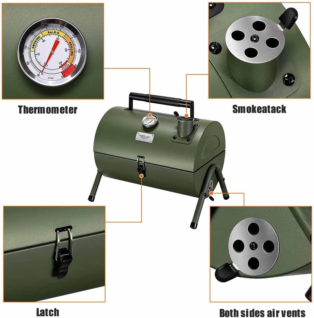 MAISON HUIS Adjustable Portable Charcoal Grill Multi-functional Metal Small BBQ Smoker with 9-Piece Stainless Steel Grill Tool Set for Outdoor Hiking Picnic (Green Kit)