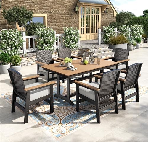 7PC Patio Dining Set for 6, HDPE Outdoor Table & 6 Chairs by HERASHOUSE