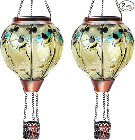 2PC Hot Air Balloon Solar Lantern with 2PC Shepherd Hook, Flickering Flame Hanging Solar Lanterns Outdoor Lights Waterproof Lanterns Decorative Garden Patio Yard Party Decor (Bees)