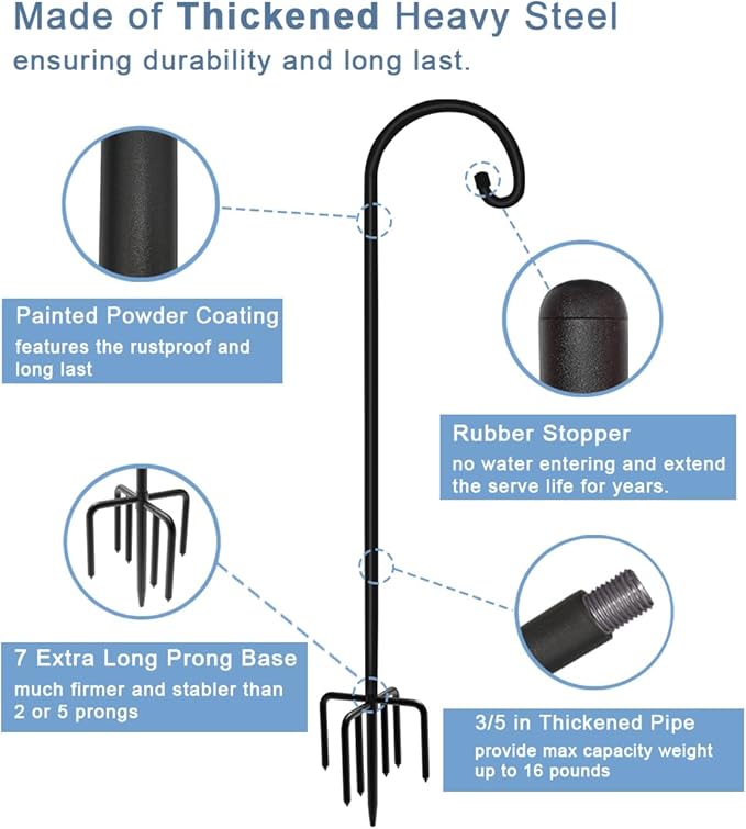 60 inch Outdoor Shepherd Hook with Upgraded 7 Prong Base (1 Pack), Adjustable Heavy Duty Garden Hanging Stake for Bird Feeder Solar Light Plant Hanger Wedding Decor, Matte Black