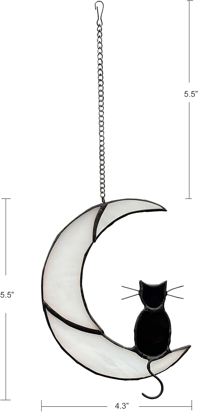 Black Cat Decor On White Moon Stained Glass Window Hanging Suncatcher for Windows Panels Sun Catcher Halloween Ornament Decoration Memorial Gift Cat for Lover Cat Loss