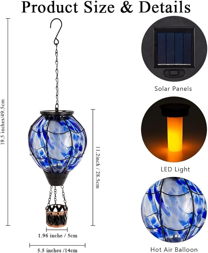 2PCS Solar Hot Air Balloon Lantern with Flickering Flame,Blue Glass Hot Air Balloon Solar Lanterns Outdoor Waterproof Hanging Decorative Light for Patio Porch Yard,Garden Gifts for Women