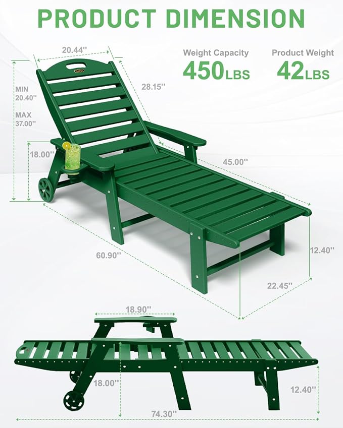 Lounge Chair Outdoor Set of 4 with Wheels, Adjustable 6-Position Chaise Lounge Outdoor, Patio Lounge Chair for Poolside Backyard, Green