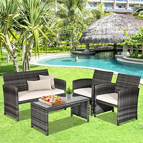 Goplus 4-Piece Rattan Patio Furniture Set, Outdoor Wicker Conversation Sofa - Image 6