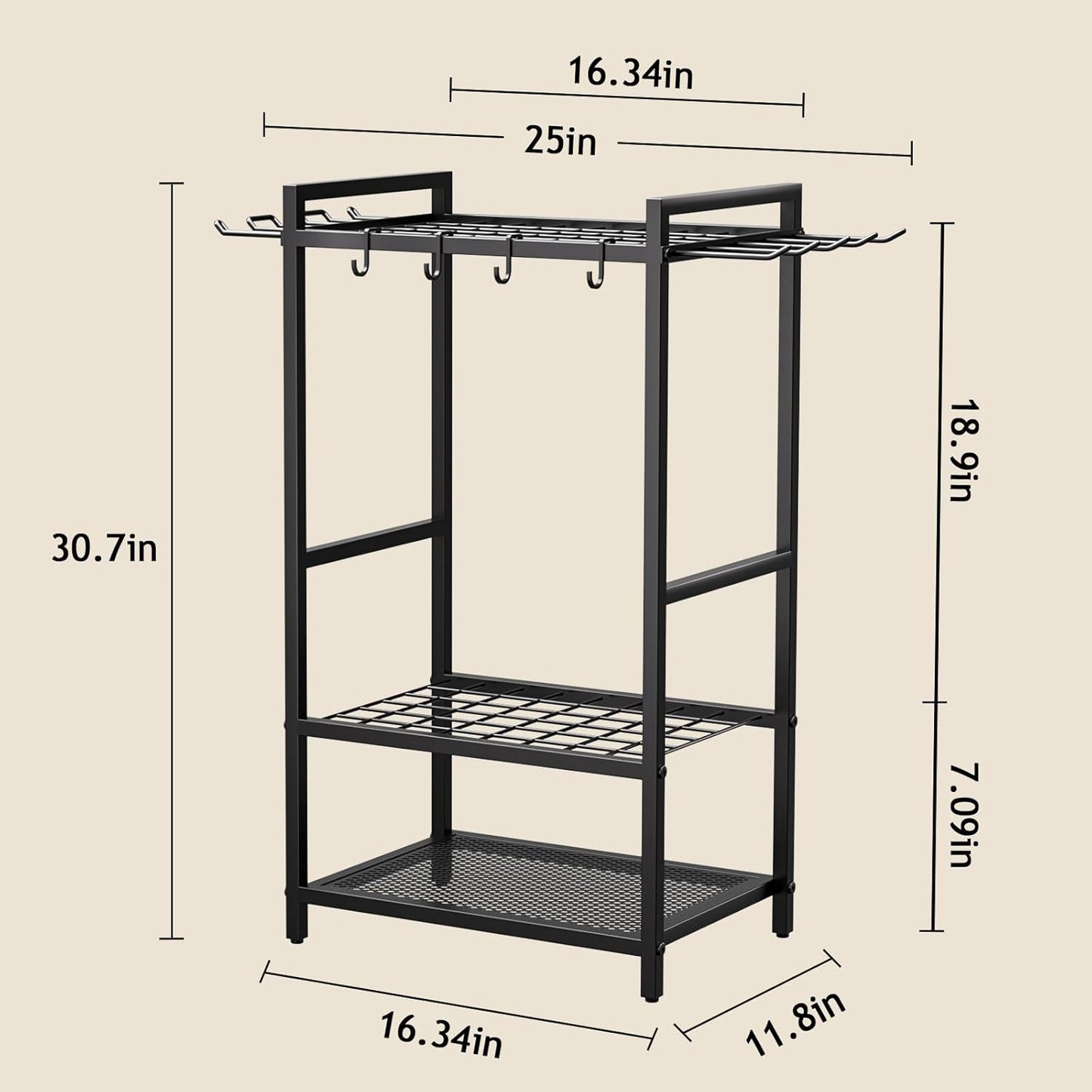 Garden Garage Tool Organizer - Yard Tool Organizer for Garage with 4 Hooks, Heavy duty Steel Garden Tool Rack Holds up to 48 Long Handled Yard tools for Storage
