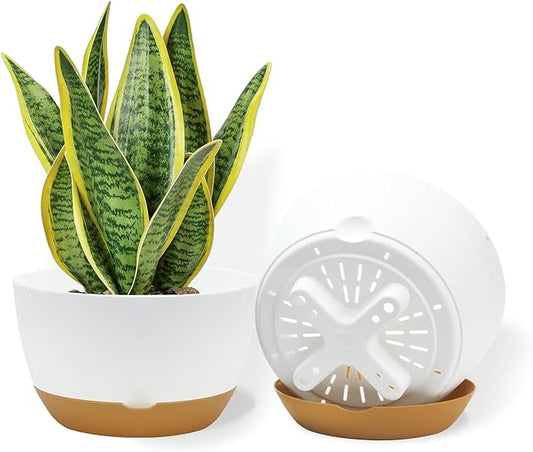 8 Inch Pots for Indoor Plants, Self Watering Planters with Drainage and Saucers, Plastic Outdoor Flower Pot, Set of 2, White
