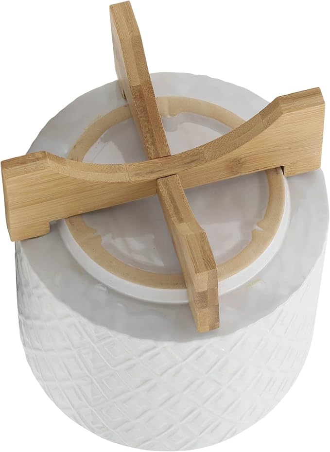 8" Ceramic Planter Stand, White Diamond Design with Wooden Base, Indoor/Outdoor Planter with Stand for Your Succulents and Small Plants