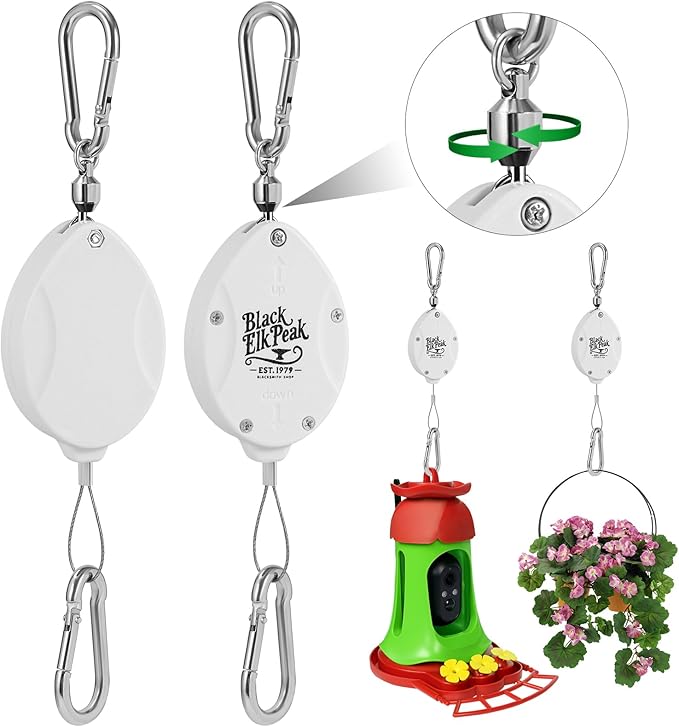 Plant Pulleys for Hanging Plants, Heavy Duty Retractable Hangers, 304 Stainless Steel Rope, Auto Plant Holder, Adjustable Climbing Hook for Garden Baskets Watering, or Bird Feeders 2PC (White)