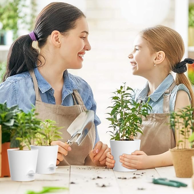 7/6.5/6/5.5/5/4 inch Self Watering Pots for Indoor Outdoor Plants, 6 Pack Plastic Flower Planters with Drainage Holes and Removable Saucers, Plant Pots with Wicking Rope, Modern Decor, White