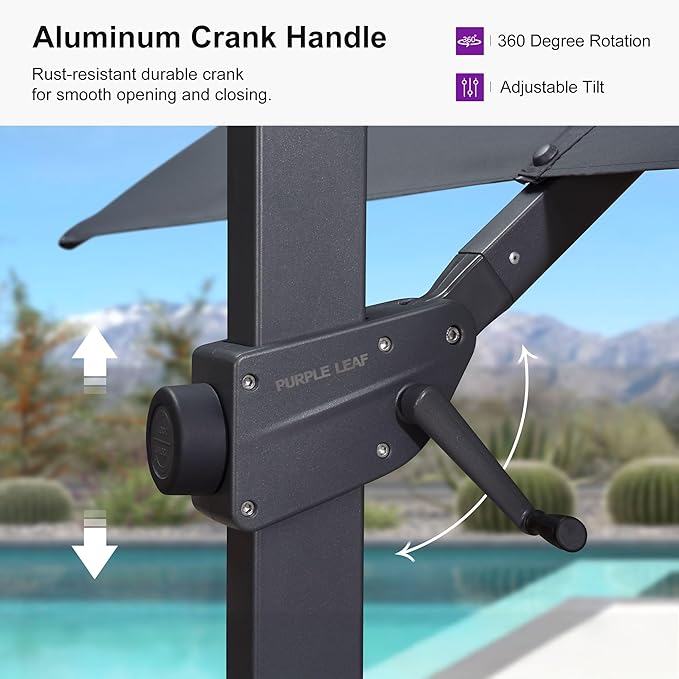 PURPLE LEAF 9' × 11.5' Patio Cantilever Umbrella with Base Outdoor Rectangle Adjustable Offset Umbrellas with 360-degree Rotation and 8 Heavy Duty Metal Ribs for Garden Deck Pool Grey