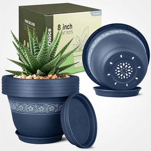 8 Inch Plant Pots with Drainage Hole - Lightweight Flower Pots for Herbs and Flowers - Home Decor Plastic Planters for Indoor Outdoor Plants- Pack of 6 (Blue, 8 inch)