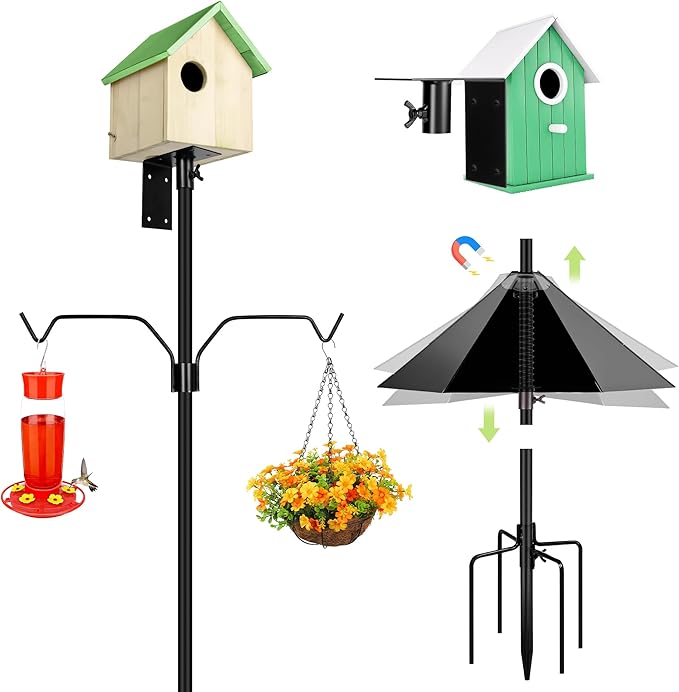 Bird House Pole, 95 Inch Heavy Duty Bird Feeder Pole Mount Kit for Outdoors, Adjustable Feeding Stand, with 2-Hooks, Metal Squirrel Baffle and 5-Prong Base, for Birds Watching