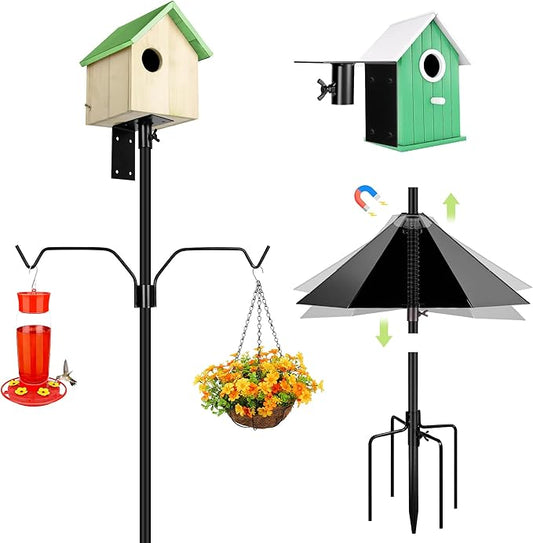 Bird House Pole, 95 Inch Heavy Duty Bird Feeder Pole Mount Kit for Outdoors, Adjustable Feeding Stand, with 2-Hooks, Metal Squirrel Baffle and 5-Prong Base, for Birds Watching