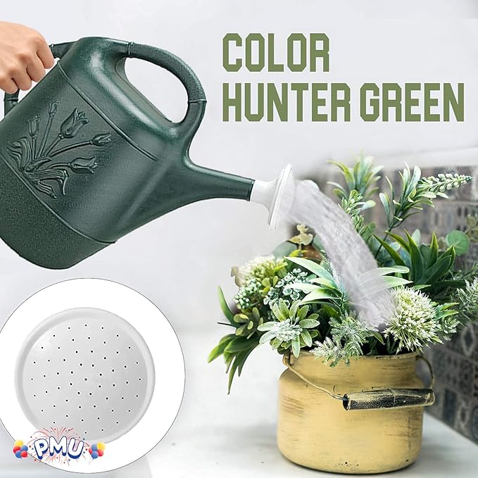 PMU 2 Gallon Watering Can - Garden Watering Can for Indoor & Outdoor Plants - Plastic Water Can with Detachable Sprinkler Head - Large Water Pot, Made in USA - Hunter Green Pkg/6