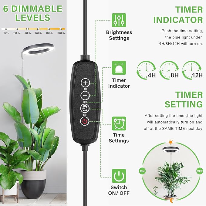 LORDEM Grow Light for Indoor Plants, 7.9" Full Spectrum LED Plant Grow Light, Height Adjustable Growing Lamp with Auto Timer 4H/8H/12H, 6 Dimmable Levels, Ideal for Large Tall Plants, 2 Packs, Black