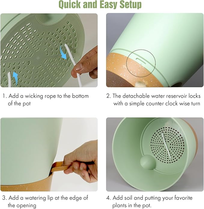 4 inch Self Watering Pots for Indoor Outdoor Plants, 6 Pack Plastic Flower Planters with Drainage Holes and Removable Saucers, Plant Pots with Wicking Rope, Modern Decor, Green Brown