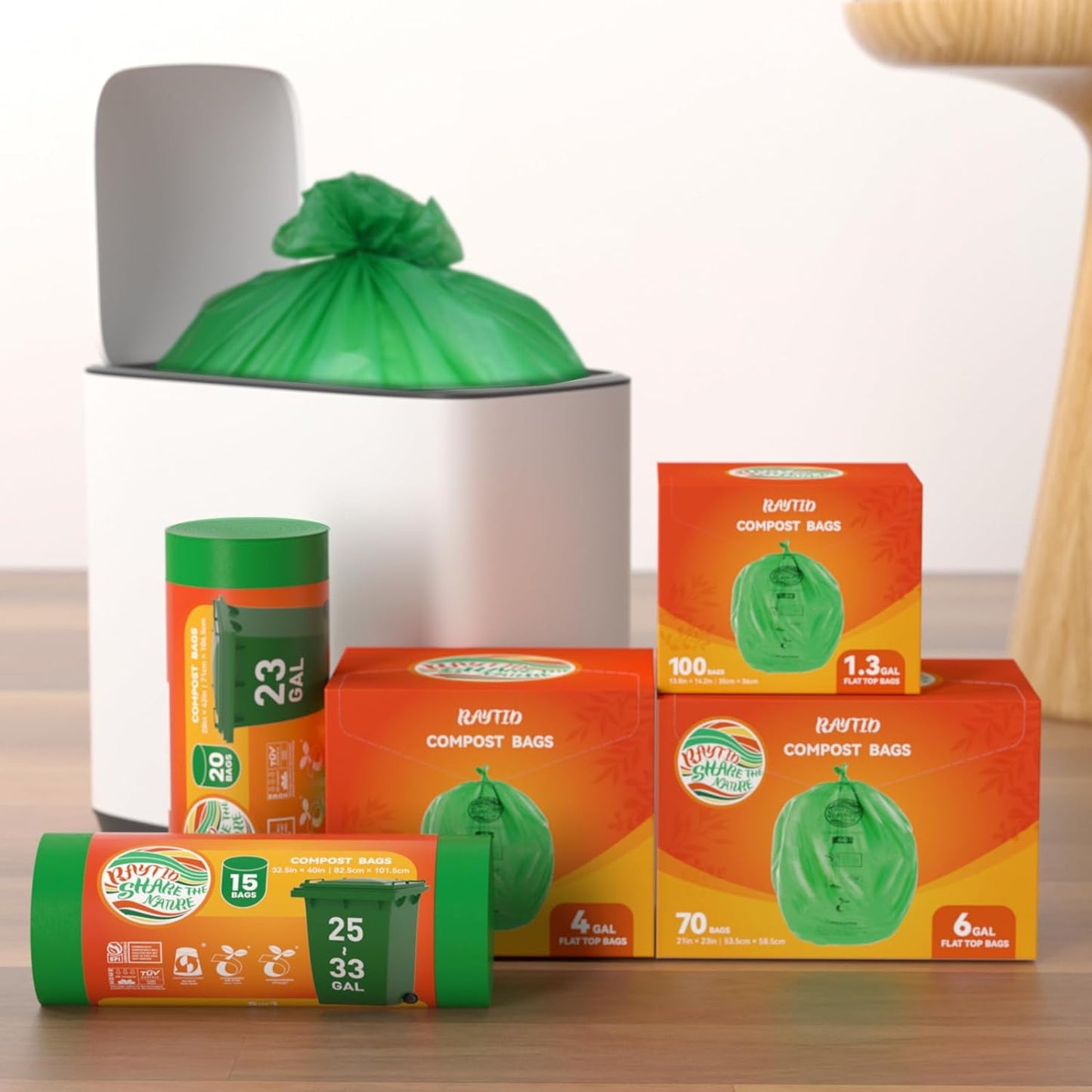 Compostable 33 gallon Large Garbage Bags,15 Count, Fits 33-36 gallon trash can, Extra Strong and Durable,Compostable Lawn & Leaf Yard Waste bags,ASTM D6400,Bpi Certified&OK compost HOME certified