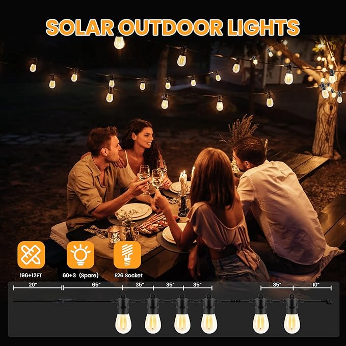 208FT(196+12) Solar String Lights Outdoor Waterproof, Solar Powered Patio Light with 60+3 Dimmable S14 Edison Bulbs Shatterproof & Remote Control, Solar String Lights for Outside Garden Backyard