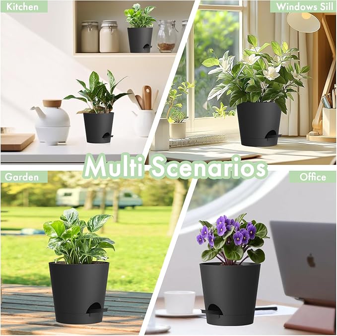 7/6.5/6/5.5/5/4 inch Self Watering Pots for Indoor Outdoor Plants, 6 Pack Plastic Flower Planters with Drainage Holes and Removable Saucers, Plant Pots with Wicking Rope, Modern Decor, Black