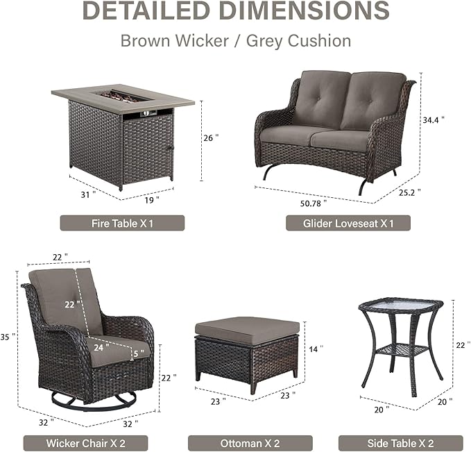 8 Piece Outdoor Patio Furniture Set - 41" CSA Propane Fire Pit Table Patio Conversation Set with Swivel Rocker Outdoor Chairs, Wicker loveseat and Ottoman for Outside Casual Gathering