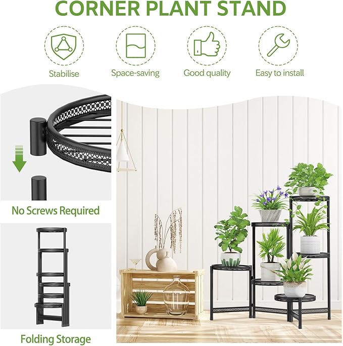 iDavosic.ly 6 Tier Large Plant Stand Indoor with 10-Inch Wide Drainage Tray, Tiered Corner Metal Outdoor Flower Display Holder Shelf, Folding Tall Rack for Patio Porch Balcony, Black Iron Carving