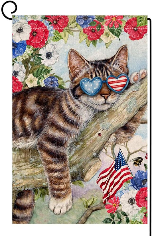 BLKWHT 4th of July Cat Garden Flag 12x18 Vertical Double Sided Red Blue Floral Memorial Day Independence Day Holiday Outside Decorations Burlap Yard Flag BW823