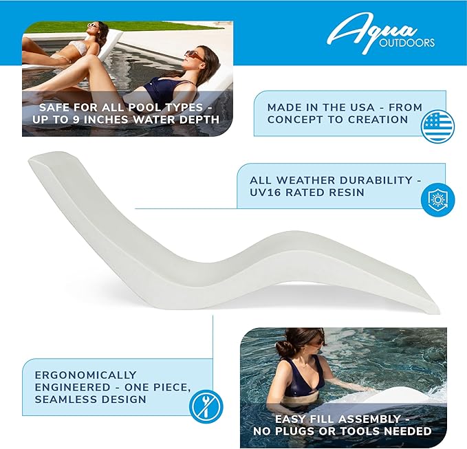 Aqua Outdoors Pool Chaise Lounge Chairs for Ledge & Shelf, Water-Weighted Pool Lounger for Depths Up to 9”, No Screw Plugs & Tools Needed, Classic White Ledge Lounger, Set of 1