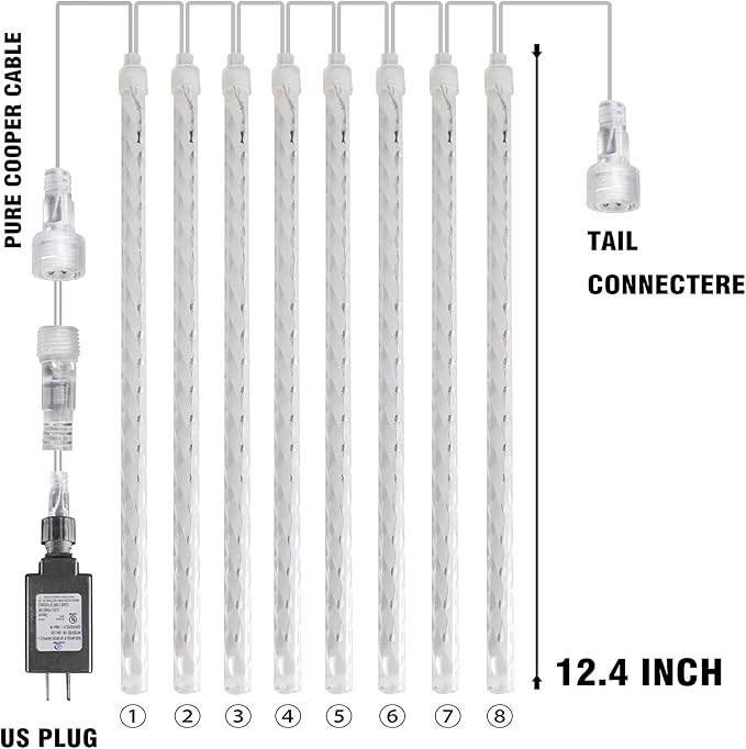 Dazzle Bright 4th of July Lights Decorations, 288LED Red Blue and White Meteor Shower Rain Lights 12Inch 8 Tubes, Waterproof Plug in Falling Rain Light Independence Day for Outdoor Yard