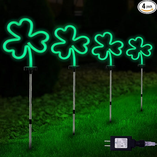 BlcTec St Patricks Day Decorations Outdoor, 4PCS Shamrock Neon Lights with Stainless Steel Stakes, Waterproof Irish Green Shamrock Pathway Lights for Yard Lawn Garden Porch Decor, Plug in