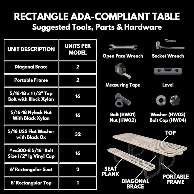 T8H-TXTDBL Heavy Duty Rectangular Portable Picnic Table, Handicap Accessible on One End, 8 Ft, Textured Dark Blue, Made in America