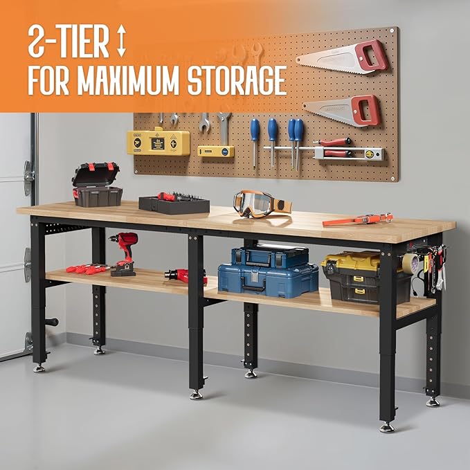 Albott 84" Adjustable 2-Tier Workbench with Solid Wood Top, Max 2000lbs Capacity, Built-in Power Strip with 4 AC Outlets & 2 USB Ports, Pegboard & 20 Hooks, Shop Garage Office